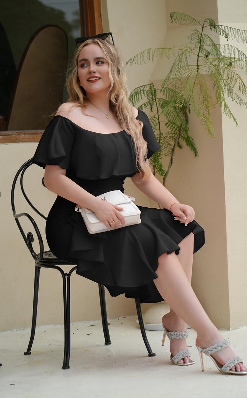 GOBLES Women's Elegant Off The Sholder Back Zipper Ruffles Bodycon Midi Cocktail Dress Black - Image 4