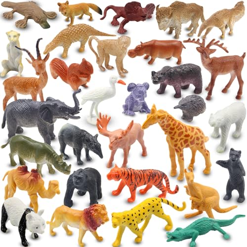 PINOWU Realistic Mini Wild Zoo Animals Figurines Toys 32 Pcs Gift Set for Education and Party Favors Plastic Forest Safari Animals Lion Hippo Tiger Bear Elephant Giraffe etc - Image 1