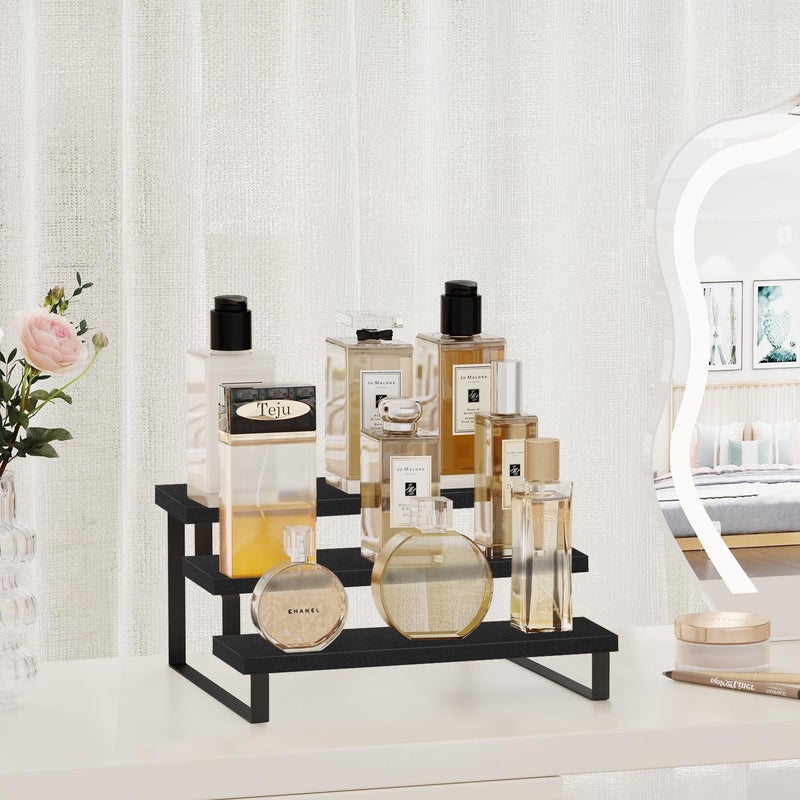 YINMIT Wooden Display Riser Stand, Tiered Perfume and Cologne Organizer Stand, 3 Tier Spice Rack Organizer, Rustic Display Shelf for Candles (3 Tier,Black) - Image 2