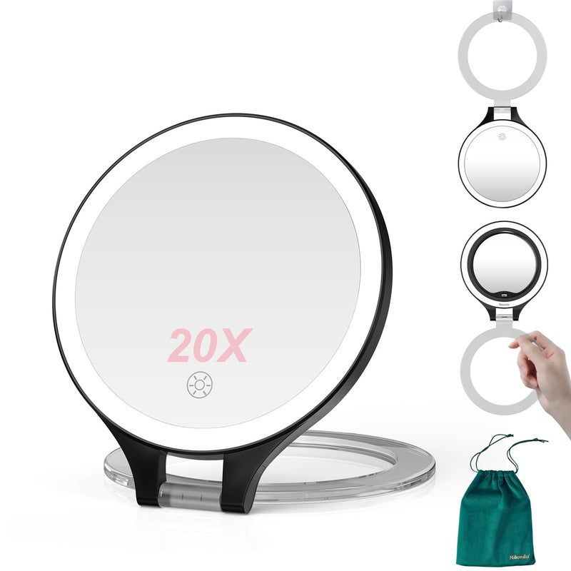 Mocado Travel Makeup Mirror with Light 1X20X Magnifying Mirror with Light Double Sides Travel Mirror with 3 Color Light Dimmable Touch 1500mAh Rechargeable Lighted Makeup MirrorBlack
