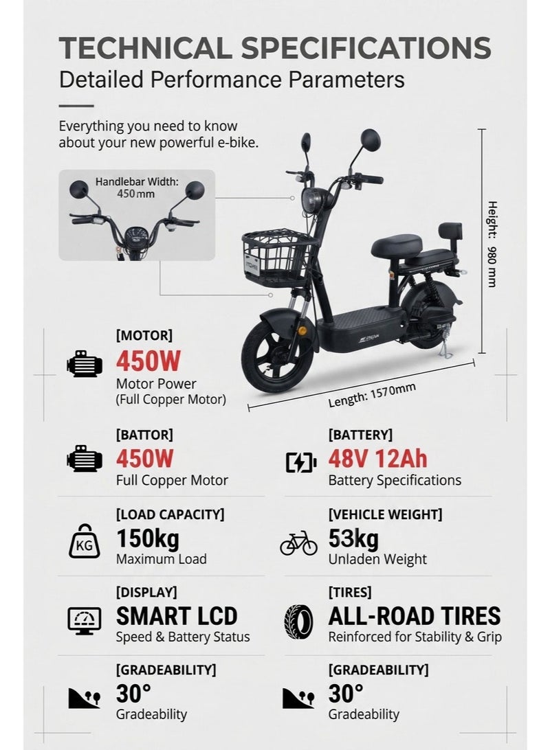 ITQAN RASEEL High-Speed Dual-Rider E scooter、E-bike for Adultsا– 60km Long Range, Two-Seater Design (with Basket) | 450W Grade A+ Motor | 48V 12Ah Battery | Top Speed ​​55 km/h | 150kg Load Capacity | Features Digital Display & LED Lighting System; an advanced, durable, and robust e-bike designed for comfortable urban commuting. - Image 3