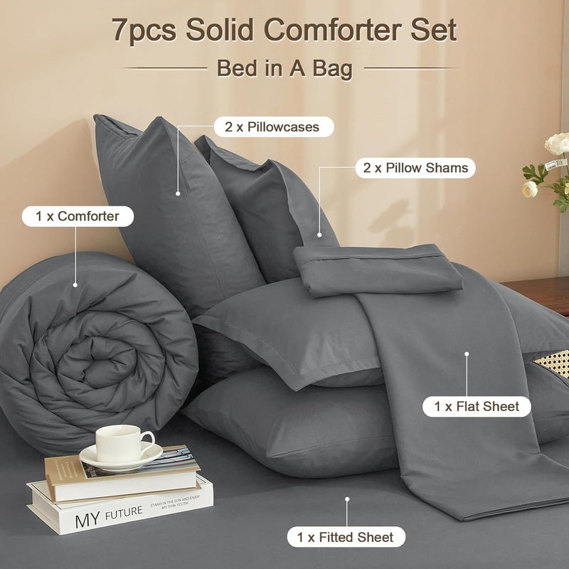 PHF طقم لحاف ملكي مكون من 7 قطع فائق النعومة رمادي داكن، طقم لحاف شامل لجميع الفصول، أغطية سرير هادئة مع لحاف، أغطية وسائد، شريحة مسطحة، شريحة مشدودة وغطاء وسادة (بدون حشوة الوسادة) - Image 5