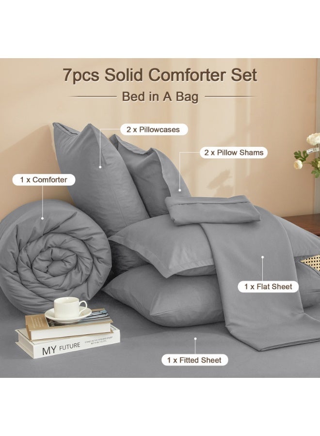 PHF 7 Pieces Queen Comforter Set, Lightweight Bed in A Bag - Includes Comforter (229 cm x 229 cm), Flat Sheet (229 cm x 259 cm) and Fitted Sheet (152 cm x 203 cm) with 40cm Deep Pocket, 4 Pillowcases (2pc 50 cm x 66 cm+ 2pc 50 cm x 75 cm), Light Grey - Image 5