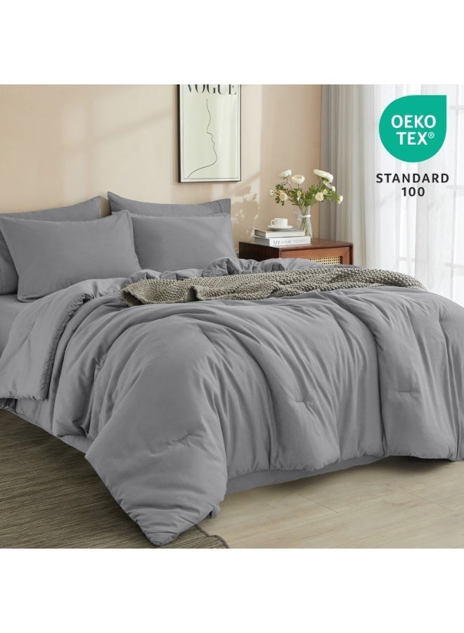 PHF 7 Pieces Queen Comforter Set, Lightweight Bed in A Bag - Includes Comforter (229 cm x 229 cm), Flat Sheet (229 cm x 259 cm) and Fitted Sheet (152 cm x 203 cm) with 40cm Deep Pocket, 4 Pillowcases (2pc 50 cm x 66 cm+ 2pc 50 cm x 75 cm), Light Grey - Image 3