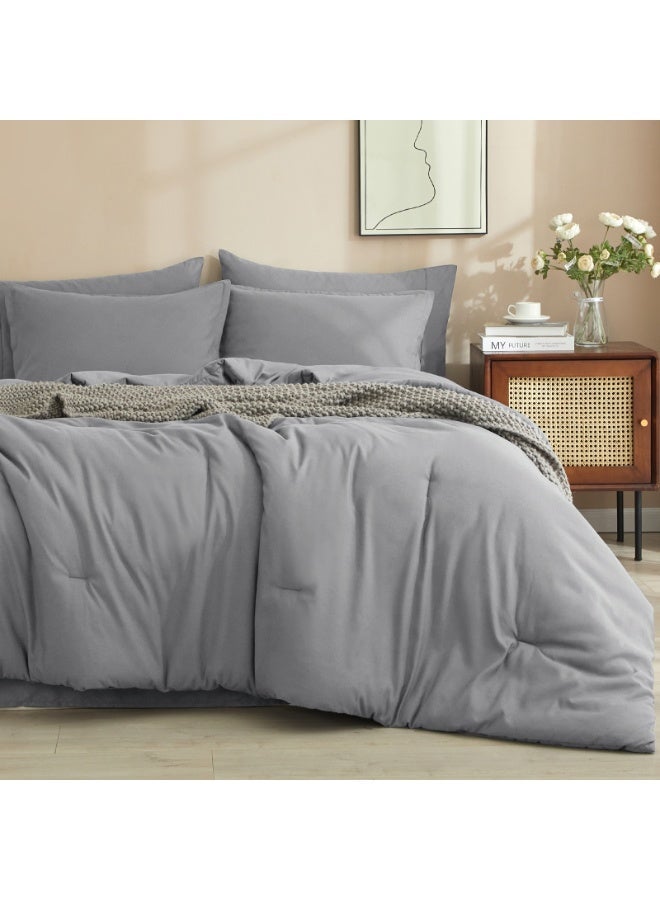 PHF 7 Pieces Queen Comforter Set, Lightweight Bed in A Bag - Includes Comforter (229 cm x 229 cm), Flat Sheet (229 cm x 259 cm) and Fitted Sheet (152 cm x 203 cm) with 40cm Deep Pocket, 4 Pillowcases (2pc 50 cm x 66 cm+ 2pc 50 cm x 75 cm), Light Grey - Image 2
