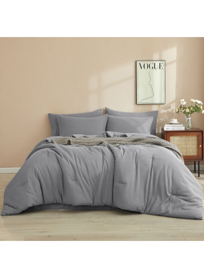 PHF 7 Pieces Queen Comforter Set, Lightweight Bed in A Bag - Includes Comforter (229 cm x 229 cm), Flat Sheet (229 cm x 259 cm) and Fitted Sheet (152 cm x 203 cm) with 40cm Deep Pocket, 4 Pillowcases (2pc 50 cm x 66 cm+ 2pc 50 cm x 75 cm), Light Grey - Image 1
