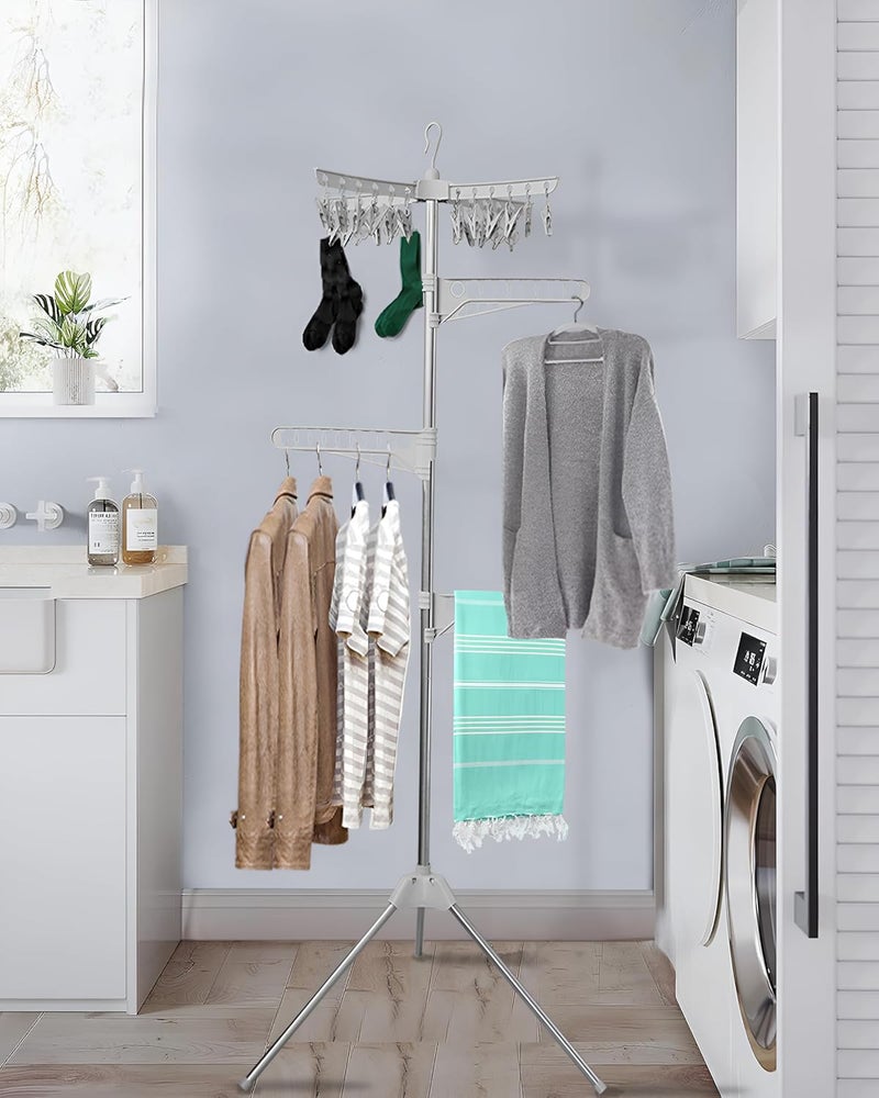 Lukzer حامل تجفيف الملابس الثقيل 2 في 1 من لوكزر مع 24 مشبك و 3 × 9 ثقوب للمعلاق قابل للطي للاستخدام الداخلي والخارجي سهل الحمل يوفر مساحة لتجفيف الملابس 175X62CM - Image 5