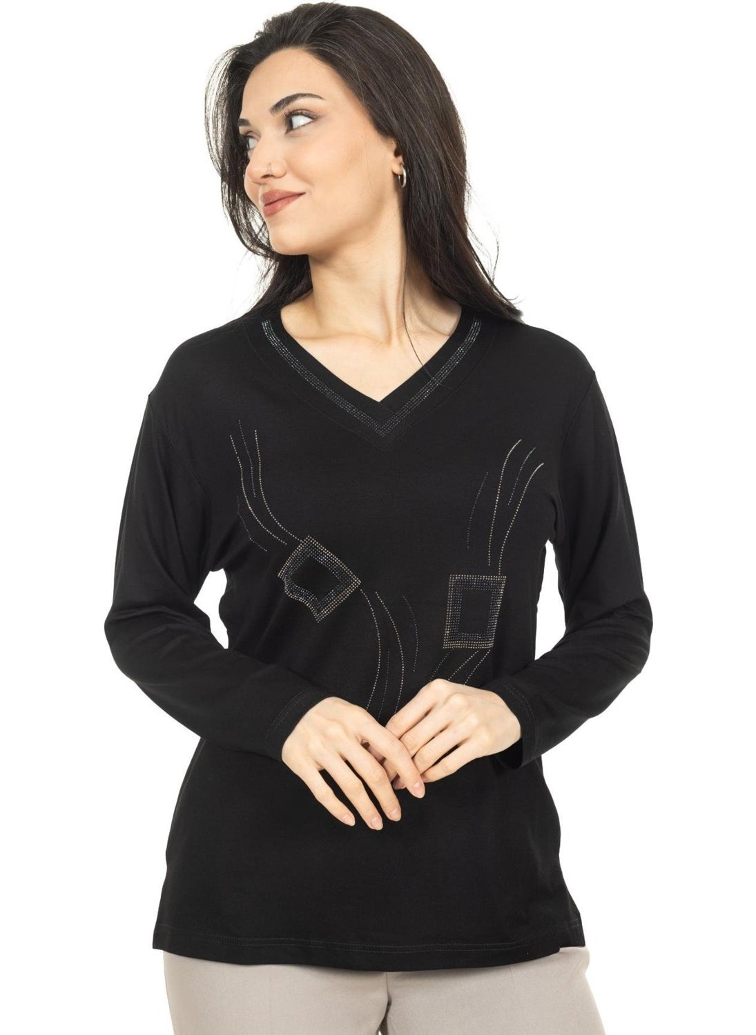 Mutlu City - Women Middle Age and Above New Model V Neck Stone Embroidered Mother's Combed Cotton Blouse 30560 - Image 1