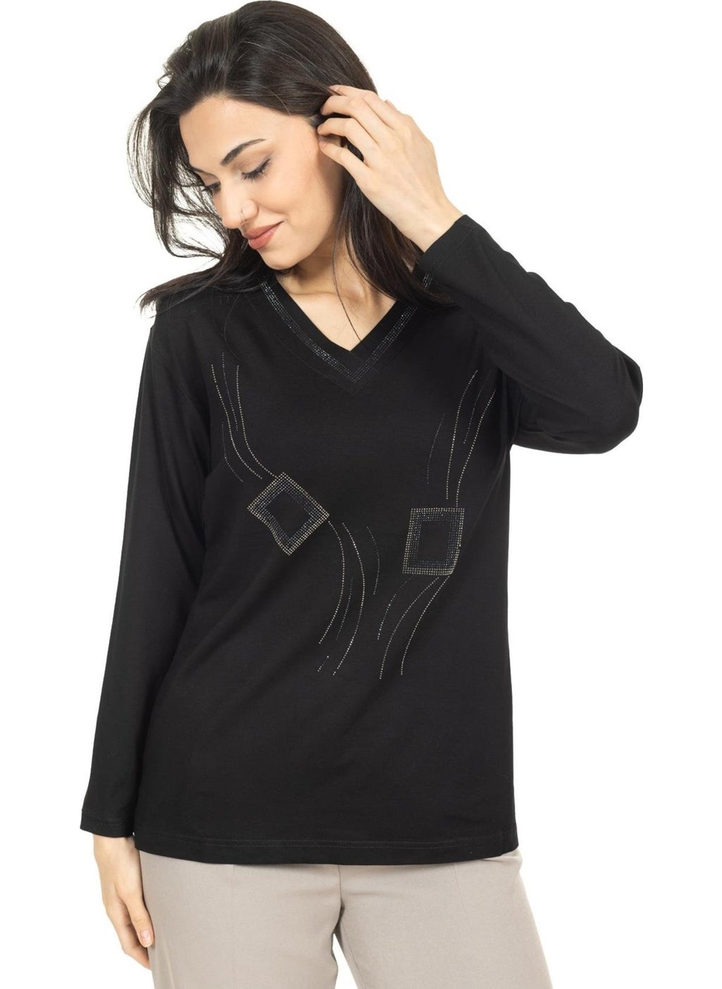 Mutlu City - Women Middle Age and Above New Model V Neck Stone Embroidered Mother's Combed Cotton Blouse 30560 - Image 1