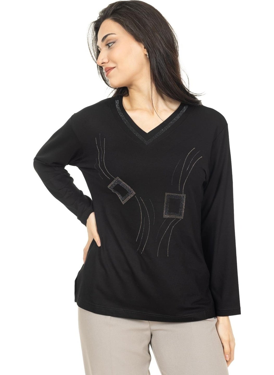 Mutlu City - Women Middle Age and Above New Model V Neck Stone Embroidered Mother's Combed Cotton Blouse 30560 - Image 1