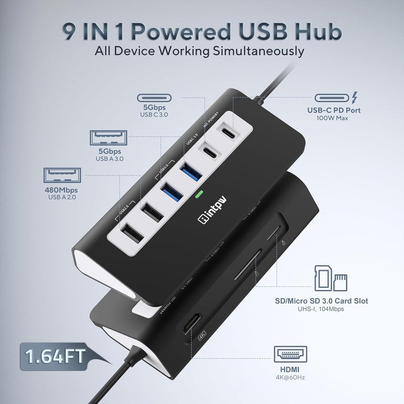 intpw موزع USB C من النوع 9 في 1 مزود بمنفذ HDMI يدعم دقة 4K، منفذ PD بتقدير 100 واط، 3 منافذ USB 3.0 بسرعة 5 جيجابايت في الثانية، 2 منافذ USB 2.0، ومقام إدراج SD/TF. يتوافق مع أجهزة MacBook Air/Pro - Image 2