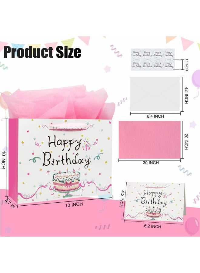 Oletx 13" Large Happy Birthday Pink Paper Bags for Mother's Day,Pink Gift Party Favor Bags with Tissue Paper Birthday Card for Girls Women' Party,Baby Shower - Image 2