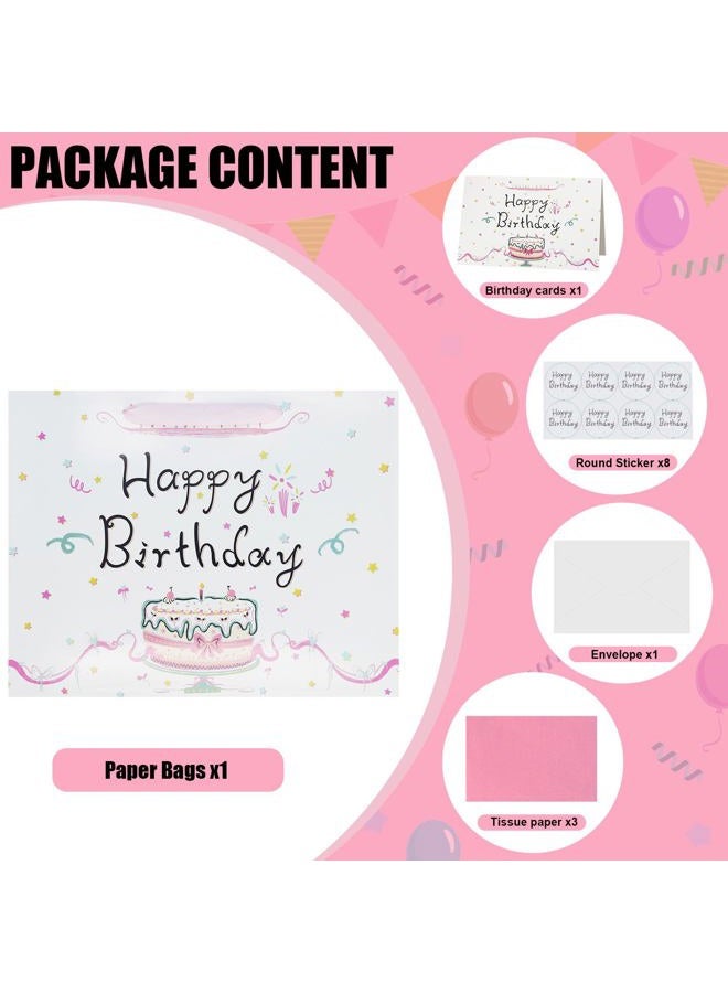 Oletx 13" Large Happy Birthday Pink Paper Bags for Mother's Day,Pink Gift Party Favor Bags with Tissue Paper Birthday Card for Girls Women' Party,Baby Shower - Image 3