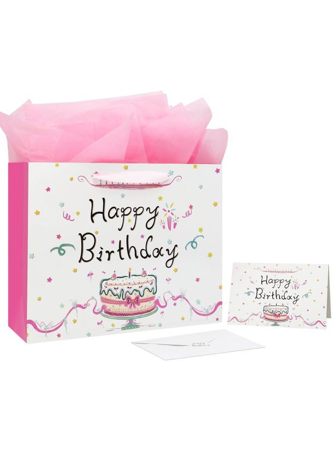 Oletx 13" Large Happy Birthday Pink Paper Bags for Mother's Day,Pink Gift Party Favor Bags with Tissue Paper Birthday Card for Girls Women' Party,Baby Shower - Image 1