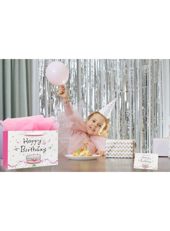 Oletx 13" Large Happy Birthday Pink Paper Bags for Mother's Day,Pink Gift Party Favor Bags with Tissue Paper Birthday Card for Girls Women' Party,Baby Shower - Image 5