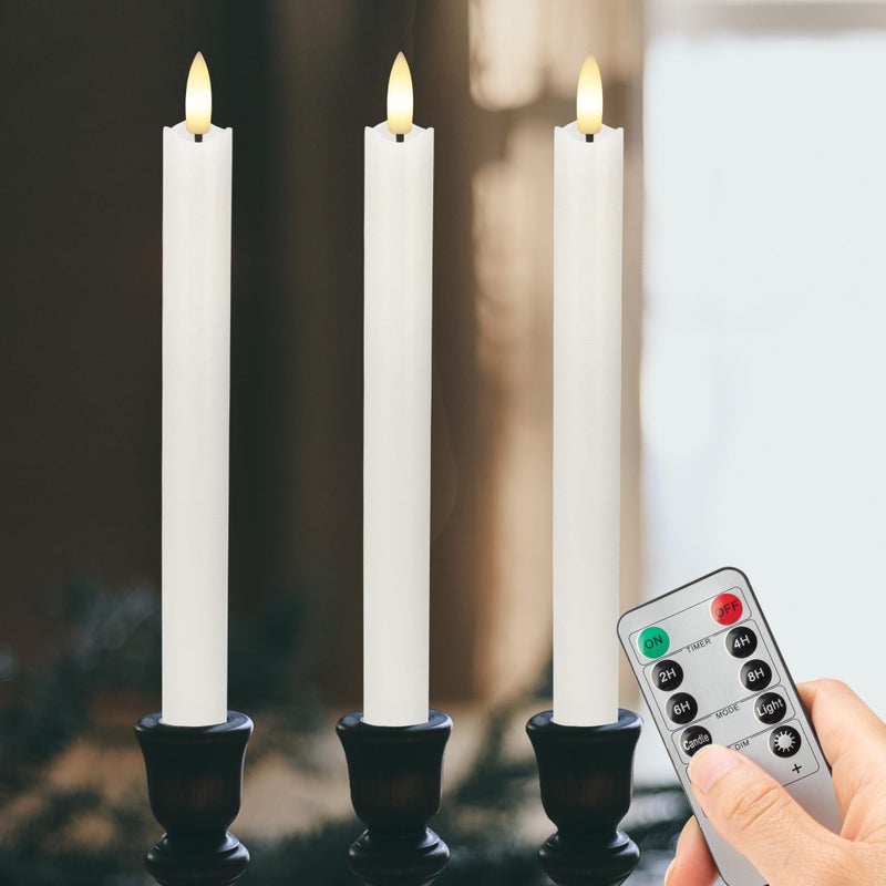 AFINETH Flameless Taper Candles with Rmote, 9.6" Real Wax Battery Operated Candles with 3D Wick, 3 Pack Led Flickering Candlesticks, Electric Candle for Home, Wedding, Party, Decor, White - Image 1