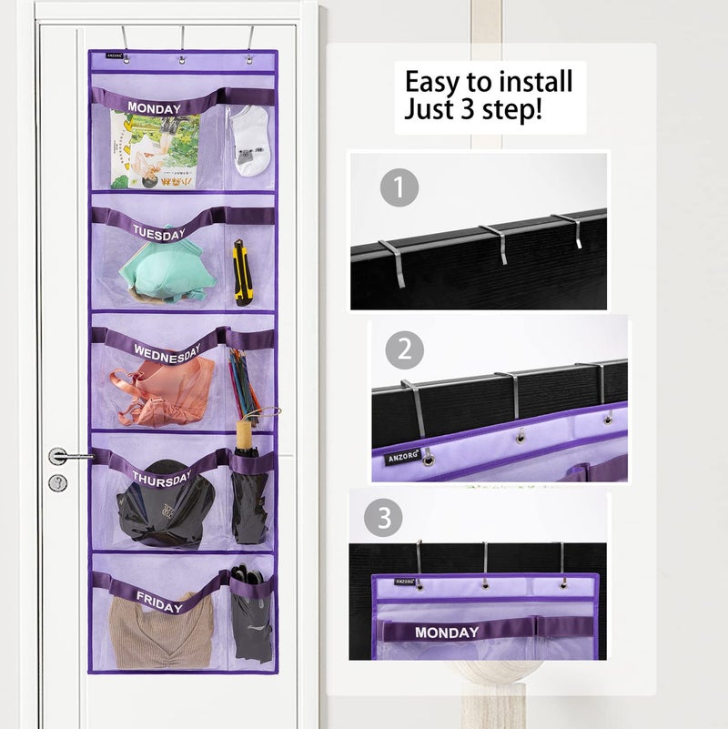 ANZORG Weekly Kids Clothes Organizer Day of Week School Clothing Storage Monday to Friday Hanging Closet Organizer (Purple) - Image 5