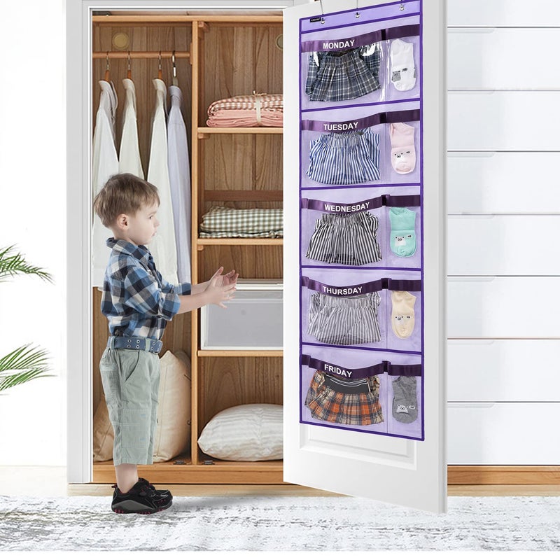 ANZORG Weekly Kids Clothes Organizer Day of Week School Clothing Storage Monday to Friday Hanging Closet Organizer (Purple) - Image 3