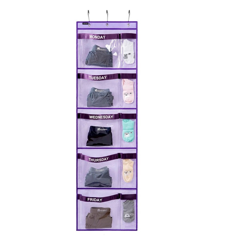 ANZORG Weekly Kids Clothes Organizer Day of Week School Clothing Storage Monday to Friday Hanging Closet Organizer (Purple) - Image 1