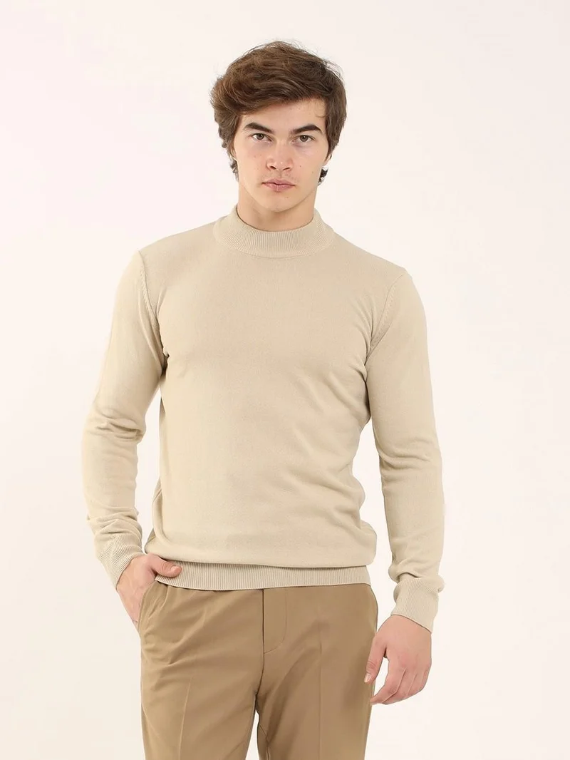 Beige Men's Slim Fit Half Turtleneck Knitwear