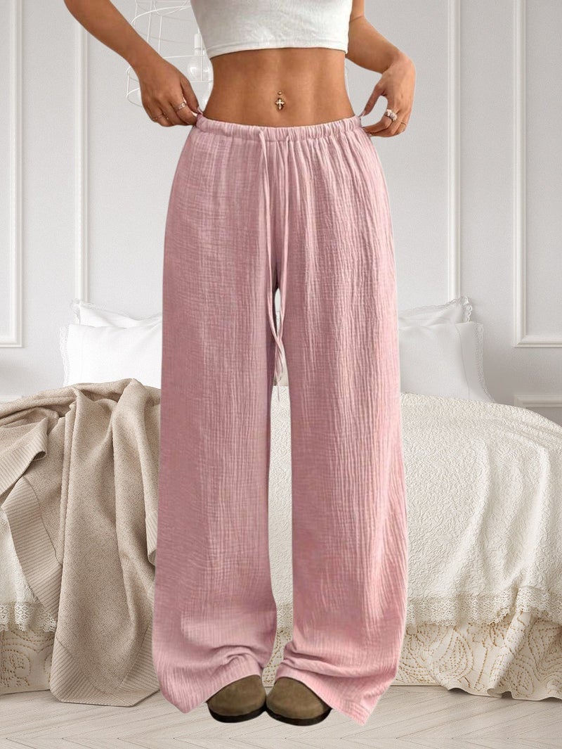 Women's Elastic Waist Solid Color Wide Leg Pants - Image 5