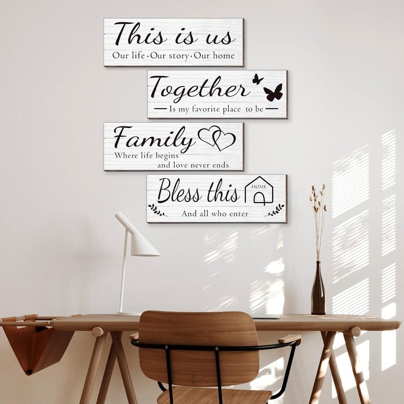 Joyhawk 4 Pieces Wooden Home Wall Art Decor, Rustic, Farmhouse THIS IS US/TOGETHER/BLESS THIS HOME/FAMILY Decor Signs For Living Room Bedroom, 4.7 x 13.8 Inch(White) - Image 3