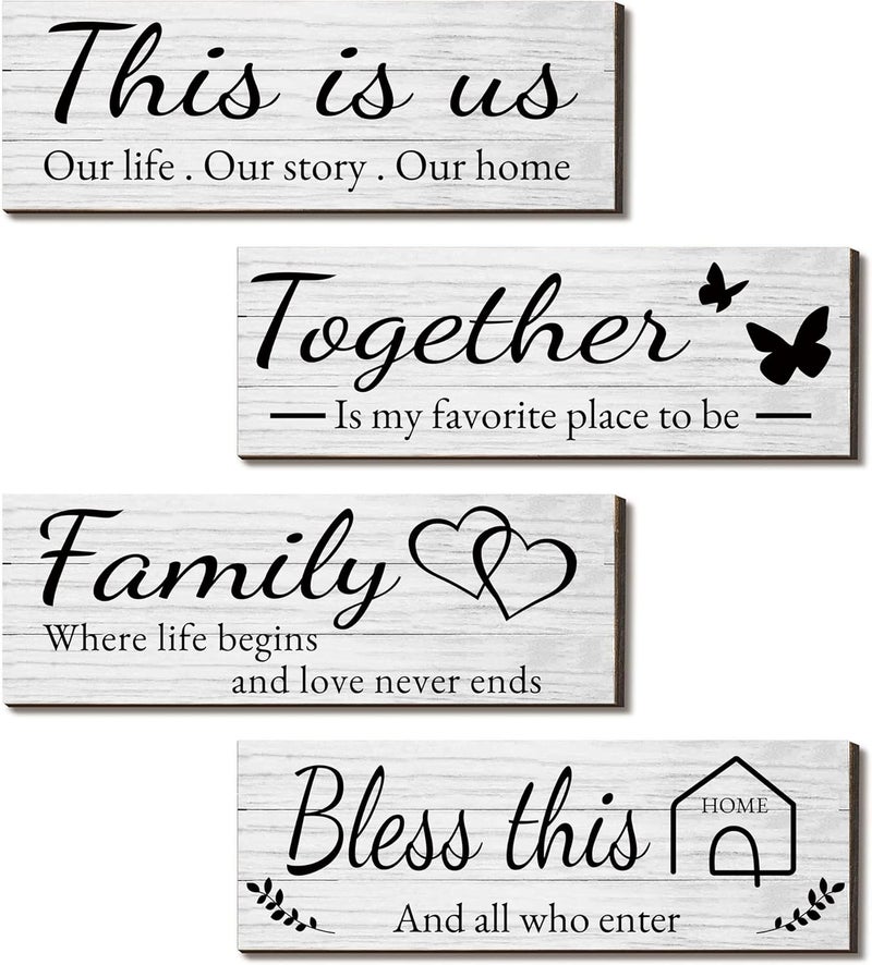 Joyhawk 4 Pieces Wooden Home Wall Art Decor, Rustic, Farmhouse THIS IS US/TOGETHER/BLESS THIS HOME/FAMILY Decor Signs For Living Room Bedroom, 4.7 x 13.8 Inch(White) - Image 1