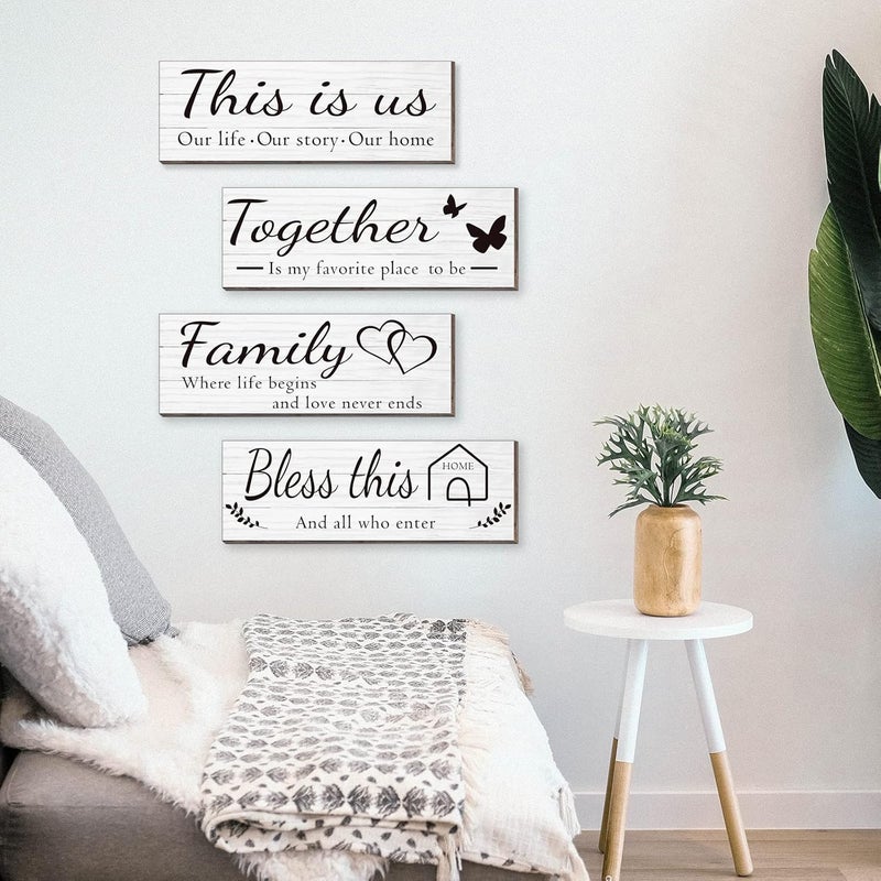 Joyhawk 4 Pieces Wooden Home Wall Art Decor, Rustic, Farmhouse THIS IS US/TOGETHER/BLESS THIS HOME/FAMILY Decor Signs For Living Room Bedroom, 4.7 x 13.8 Inch(White) - Image 5