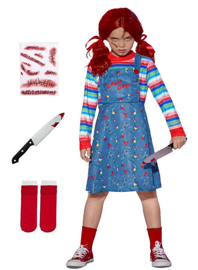 BesserBay Tween Girls Halloween Chcky Costume Dress Up Horror Killer Outfit Blue Pinafore Dress Stripe Shirt 10 Years - Image 1