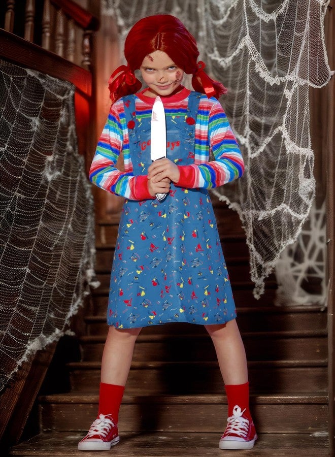 BesserBay Tween Girls Halloween Chcky Costume Dress Up Horror Killer Outfit Blue Pinafore Dress Stripe Shirt 10 Years - Image 2