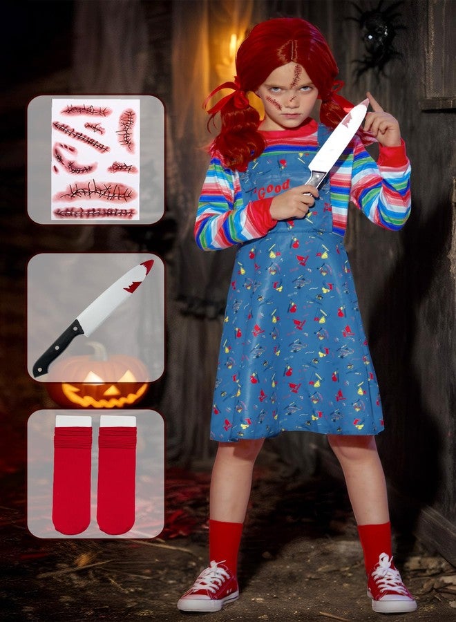 BesserBay Tween Girls Halloween Chcky Costume Dress Up Horror Killer Outfit Blue Pinafore Dress Stripe Shirt 10 Years - Image 3