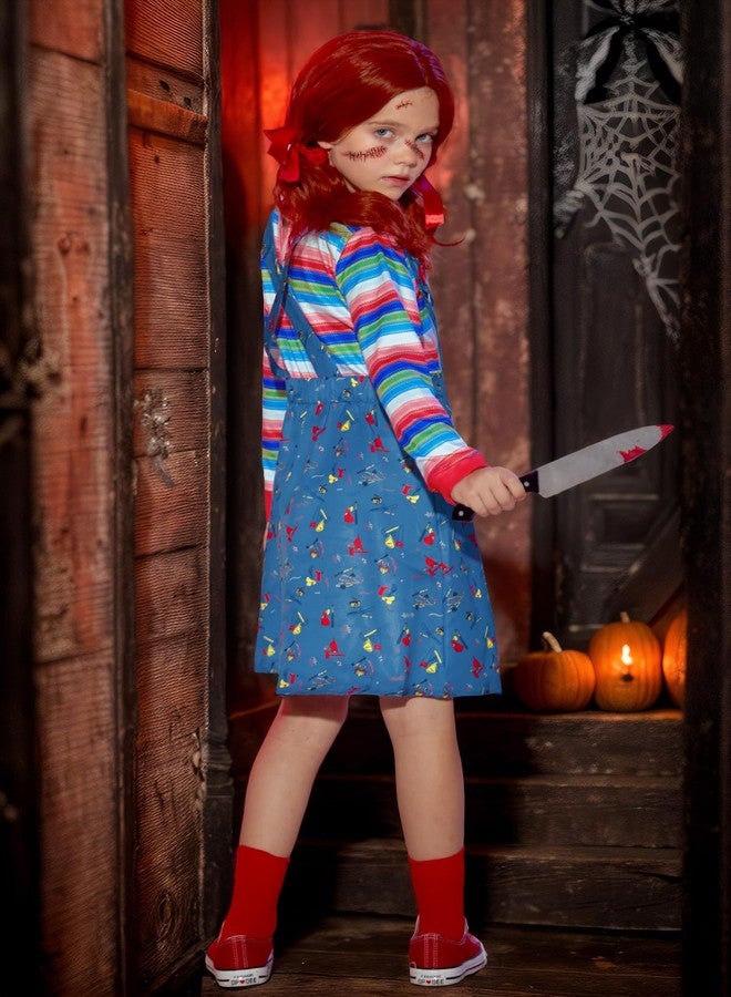 BesserBay Tween Girls Halloween Chcky Costume Dress Up Horror Killer Outfit Blue Pinafore Dress Stripe Shirt 10 Years - Image 5