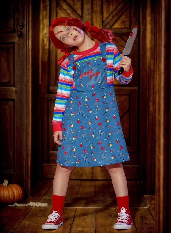 BesserBay Tween Girls Halloween Chcky Costume Dress Up Horror Killer Outfit Blue Pinafore Dress Stripe Shirt 10 Years - Image 4