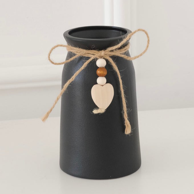 PREMIUM CERAMIC VASE WITH JUTE ROPE HEART CHARM 6INCH DECORATIVE FLOWER VASE FOR MODERN FARMHOUSE DCOR BLACK COLOR