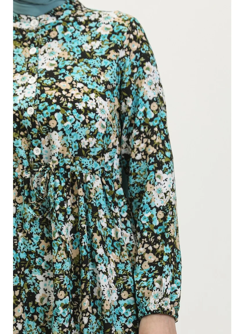 Sefa Merve Spring Half Buttoned Floral Patterned Dress 0361-01 Turquoise