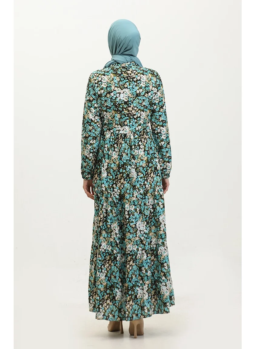 Sefa Merve Spring Half Buttoned Floral Patterned Dress 0361-01 Turquoise
