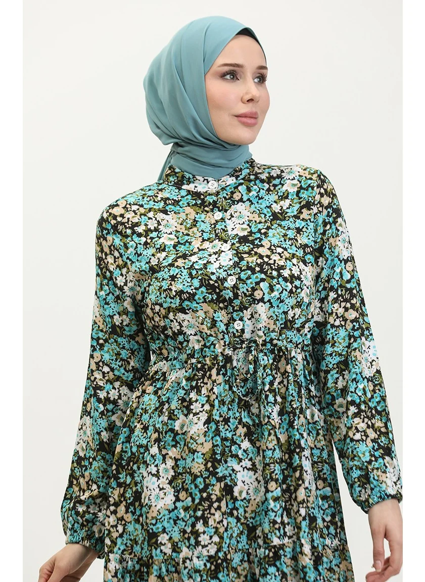 Sefa Merve Spring Half Buttoned Floral Patterned Dress 0361-01 Turquoise