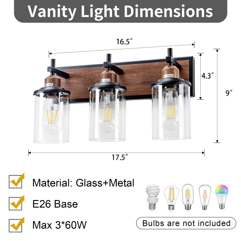 Lanhall 3-Light Farmhouse Bathroom Light Fixtures Vintage Vanity Lights Over Mirror Black and Wood Painted Metal Vanity Light with Glass Shades E26 Socket - Image 3