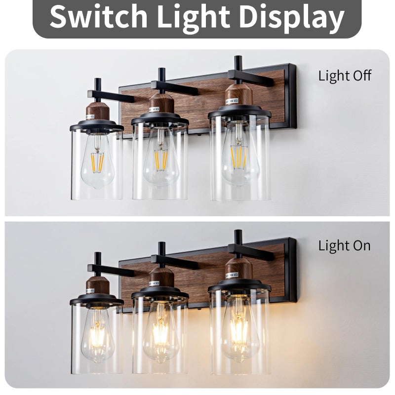 Lanhall 3-Light Farmhouse Bathroom Light Fixtures Vintage Vanity Lights Over Mirror Black and Wood Painted Metal Vanity Light with Glass Shades E26 Socket - Image 5