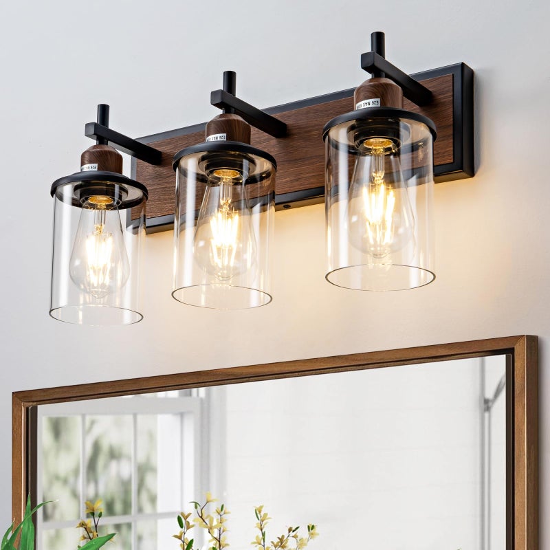 Lanhall 3-Light Farmhouse Bathroom Light Fixtures Vintage Vanity Lights Over Mirror Black and Wood Painted Metal Vanity Light with Glass Shades E26 Socket - Image 1