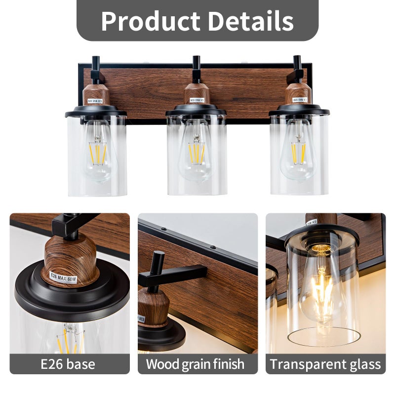 Lanhall 3-Light Farmhouse Bathroom Light Fixtures Vintage Vanity Lights Over Mirror Black and Wood Painted Metal Vanity Light with Glass Shades E26 Socket - Image 4