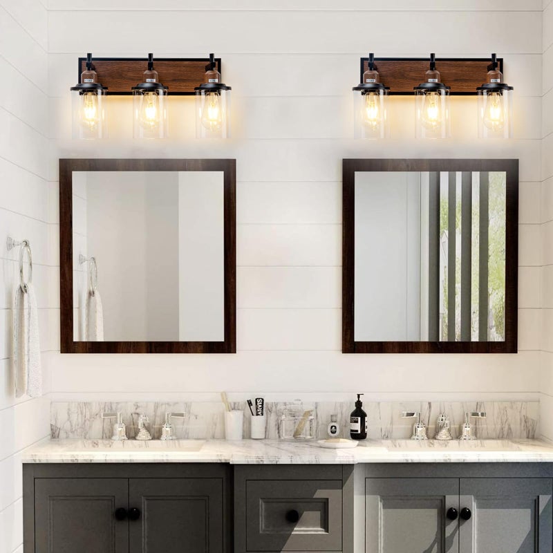 Lanhall 3-Light Farmhouse Bathroom Light Fixtures Vintage Vanity Lights Over Mirror Black and Wood Painted Metal Vanity Light with Glass Shades E26 Socket - Image 2