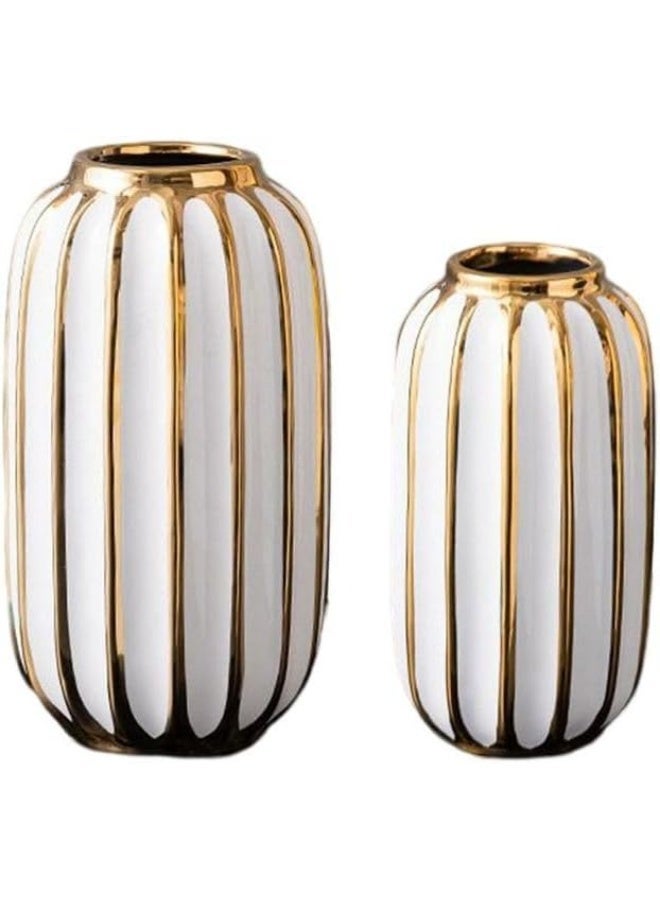 Luxury Ceramic Vase, Ribbed White and Gold Design, Modern Home Decor for Tables and Living Rooms - Image 2