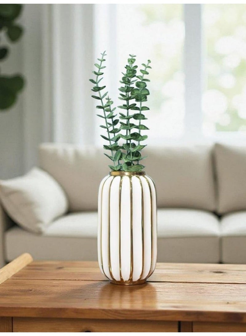 Luxury Ceramic Vase, Ribbed White and Gold Design, Modern Home Decor for Tables and Living Rooms - Image 1