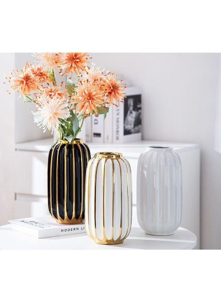 Luxury Ceramic Vase, Ribbed White and Gold Design, Modern Home Decor for Tables and Living Rooms - Image 3