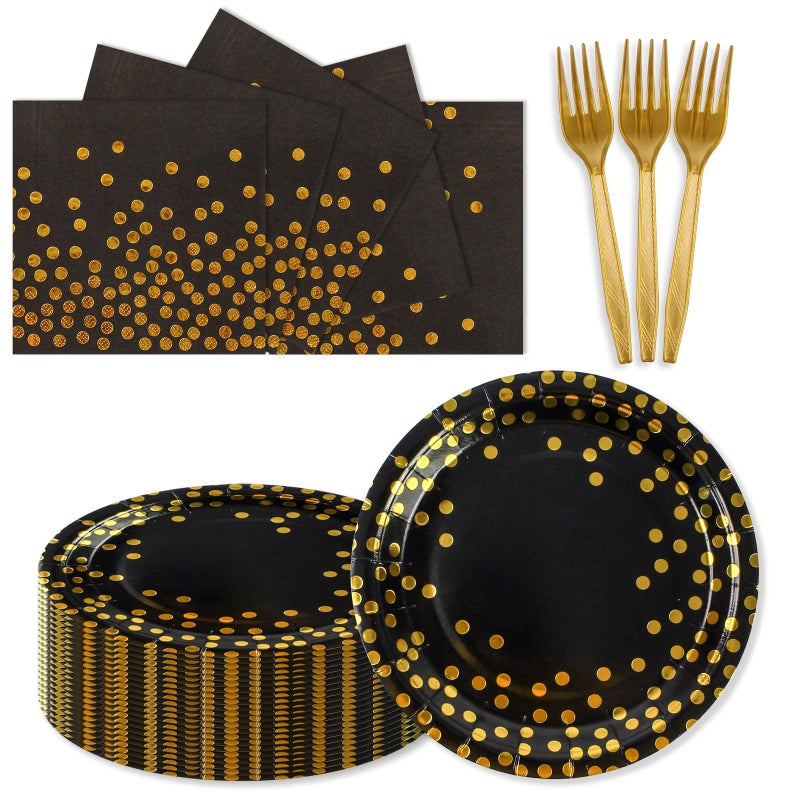 PUEVENYI 150PCS Paper Plates and Napkins Set - Black and Gold Dot Disposable Party Dinnerware Includes Paper Plates  Napkins  Forks Decorations for Birthdays  Graduations  Weddings and Holidays  Serves 50 - Image 1