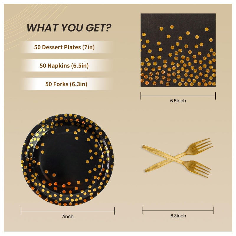 PUEVENYI 150PCS Paper Plates and Napkins Set - Black and Gold Dot Disposable Party Dinnerware Includes Paper Plates  Napkins  Forks Decorations for Birthdays  Graduations  Weddings and Holidays  Serves 50 - Image 2
