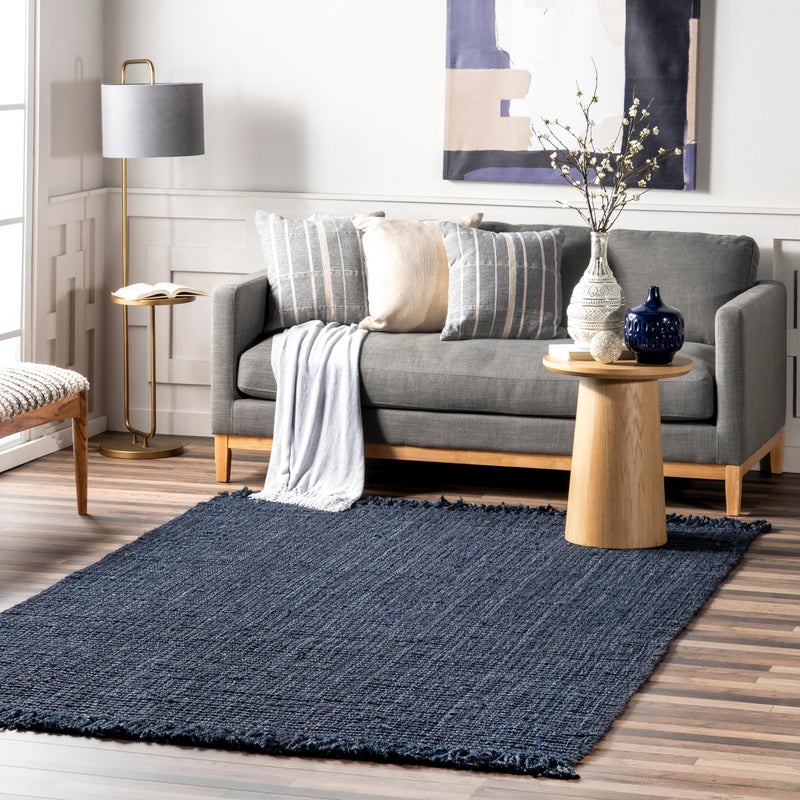 nuLOOM 5x8 Daniela Jute Tassel Hand Woven Area Rug Navy Solid Chunky Farmhouse Design Natural Fiber For Bedroom Dining Room Living Room Hallway Office Entryway
