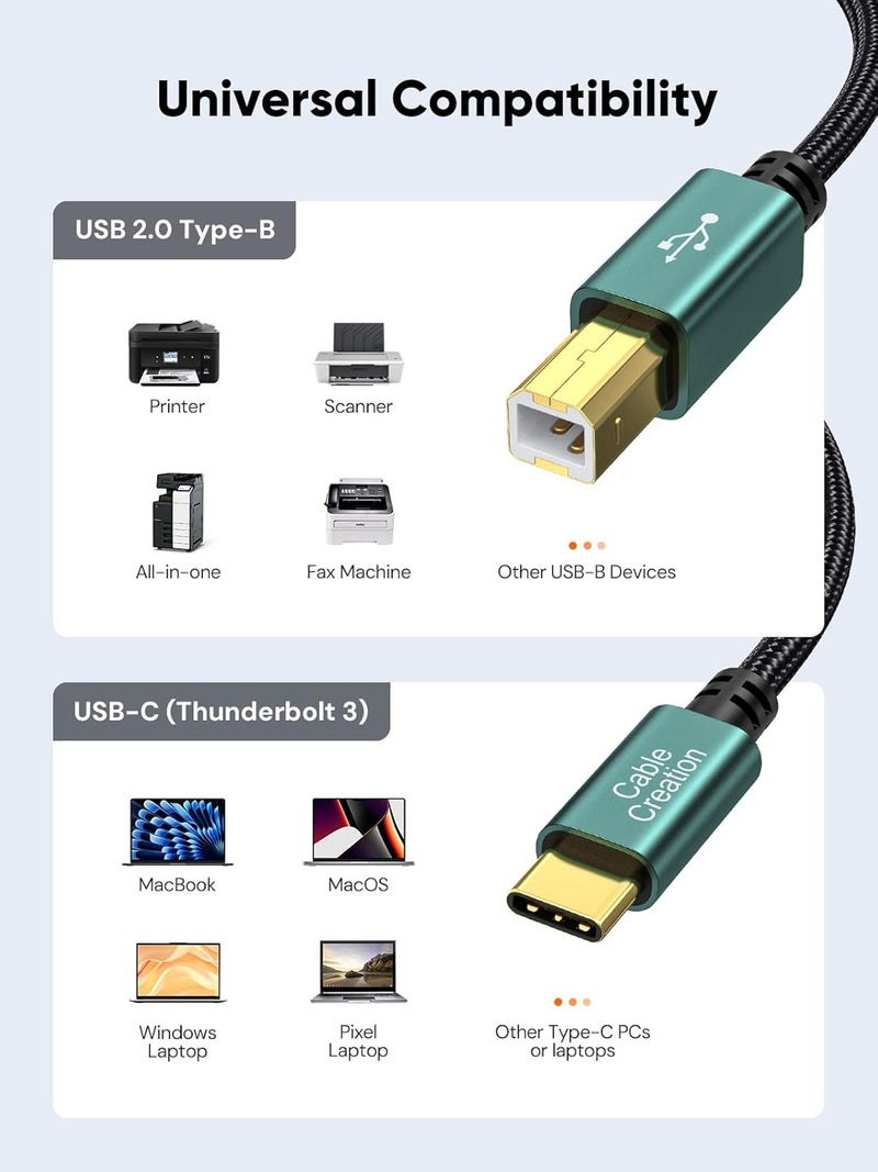 Carefully engineered build USB C to Printer Cable 6.6 FT, MIDI Cable, USB Type B to Type C Printer Cord for MacBook Pro/Air, USB B to USB C Cable for Yamaha Casio Digital Piano MIDI Keyboard DJ Controller, Green | Nylon Braided, USB C MIDI Cable for MacBook Pro, Air, Yamaha Casio Digital Piano, MIDI Keyboard, DJ Controller, DAC, Green All condition resistant crafted quality - Image 5