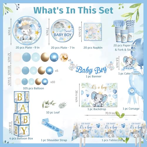 cocomigo 260PCS Elephant Baby Shower Decorations, All-in-1 Party Pack, Includes 20 Elephant Theme Tableware, Backdrop Tablecloth Balloon Kit for Baby Shower Decorations Boy - Image 2